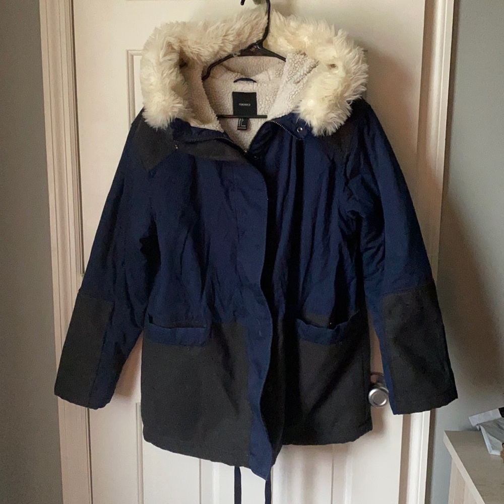 Sherpa-lined Navy and Gray Winter Coat